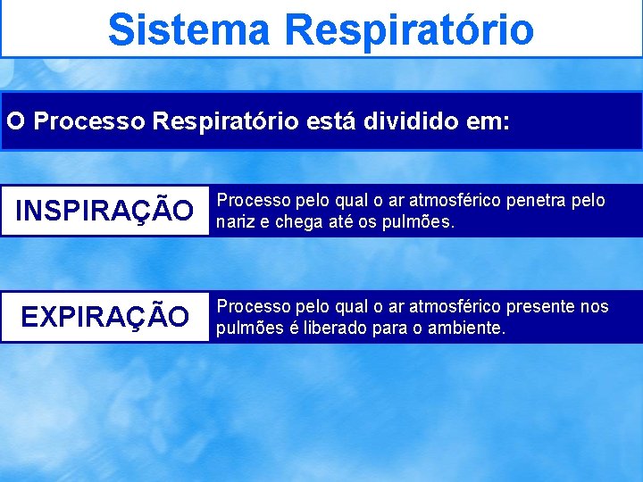 Sistema Respiratório O Processo Respiratório está dividido em: INSPIRAÇÃO Processo pelo qual o ar