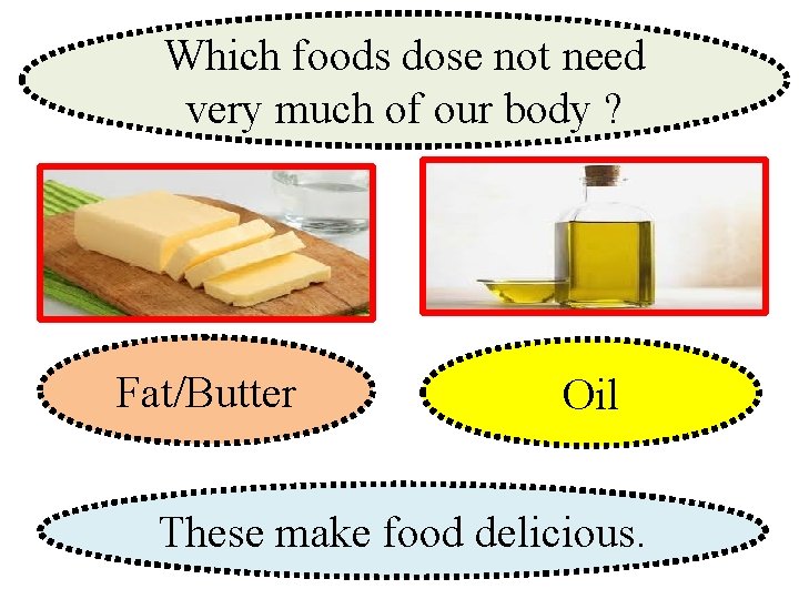 Which foods dose not need very much of our body ? Fat/Butter Oil These