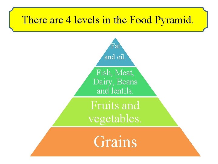There are 4 levels in the Food Pyramid. Fat and oil. Fish, Meat, Dairy,