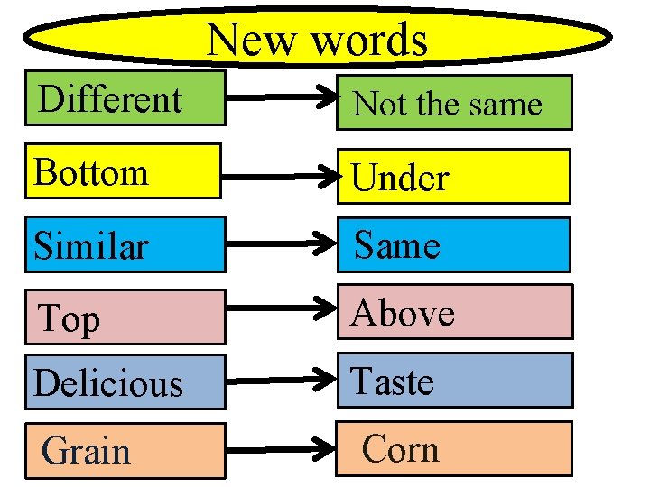 New words Different Not the same Bottom Under Similar Same Top Above Delicious Taste