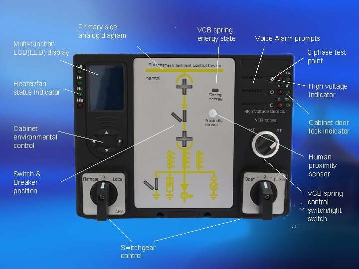Primary side analog diagram Multi-function LCD(LED) display VCB spring energy state Voice Alarm prompts Primary side analog diagram Multi-function LCD(LED) display VCB spring energy state Voice Alarm prompts