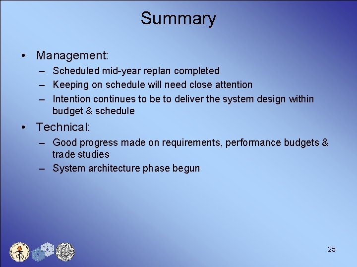 Summary • Management: – Scheduled mid-year replan completed – Keeping on schedule will need