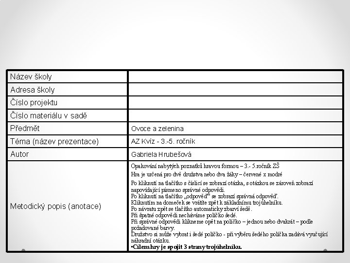 Název školy Adresa školy Číslo projektu Číslo materiálu v sadě Předmět Ovoce a zelenina