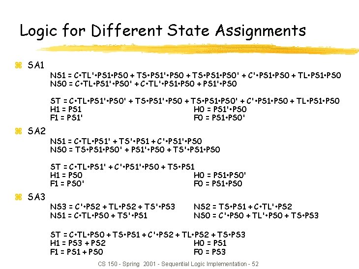 Logic for Different State Assignments z SA 1 NS 1 = C • TL'