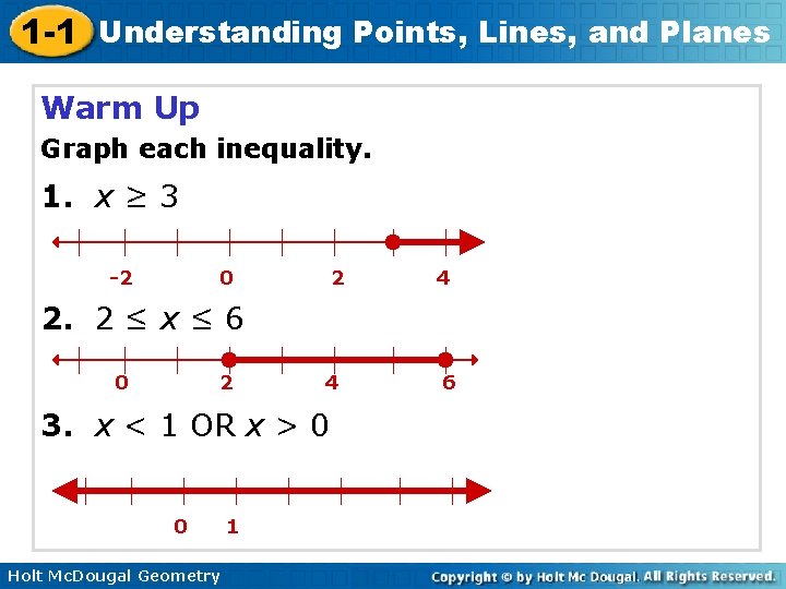 1 -1 Understanding Points, Lines, and Planes Warm Up Graph each inequality. 1. x