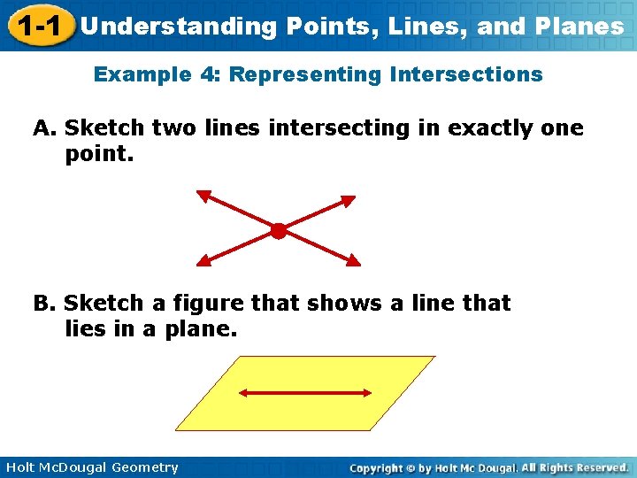 1 -1 Understanding Points, Lines, and Planes Example 4: Representing Intersections A. Sketch two