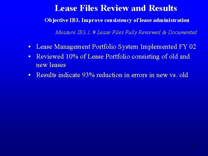 Lease Files Review and Results Objective IB 3. Improve consistency of lease administration Measure