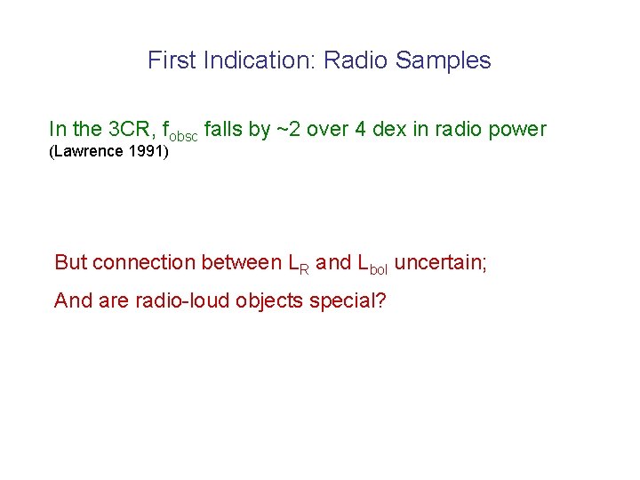 First Indication: Radio Samples In the 3 CR, fobsc falls by ~2 over 4