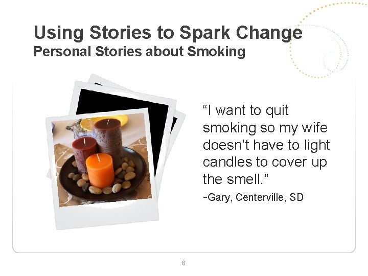 Using Stories to Spark Change Personal Stories about Smoking “I want to quit smoking