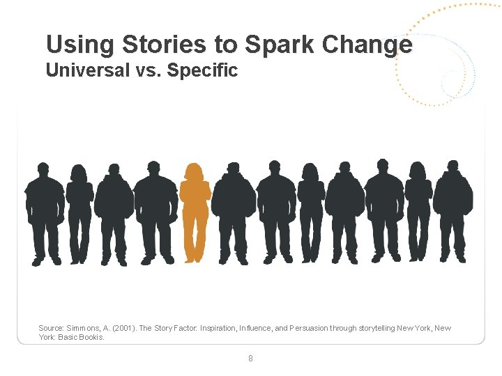 Using Stories to Spark Change Universal vs. Specific Source: Simmons, A. (2001). The Story