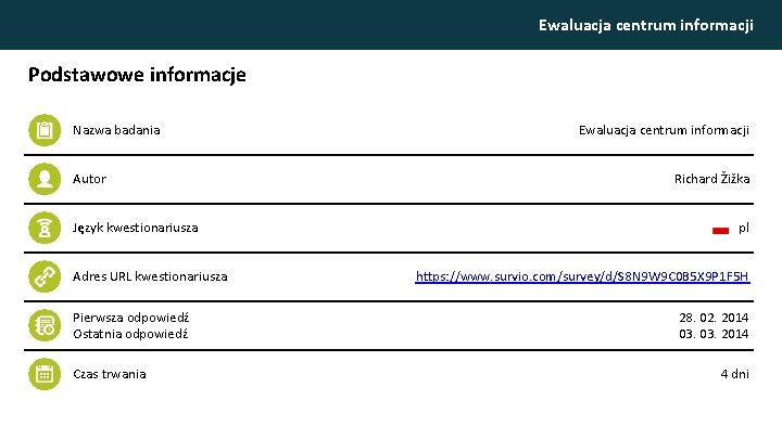 Ewaluacja centrum informacji Podstawowe informacje Nazwa badania Autor Język kwestionariusza Adres URL kwestionariusza Pierwsza