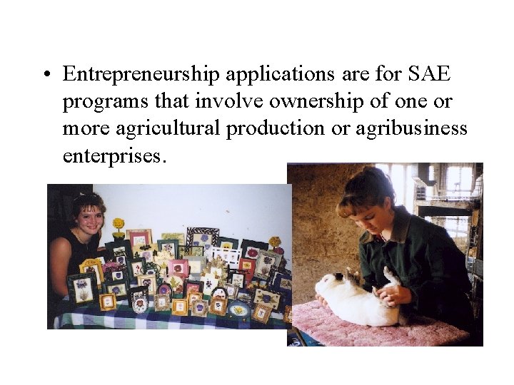  • Entrepreneurship applications are for SAE programs that involve ownership of one or