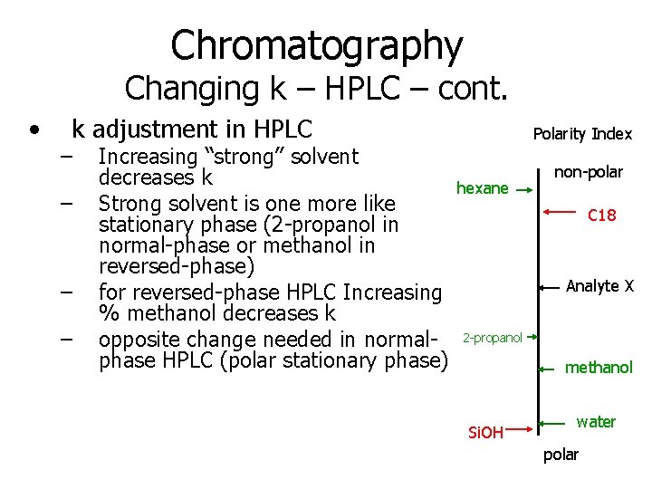 Chromatography Changing k – HPLC – cont. • k adjustment in HPLC – –