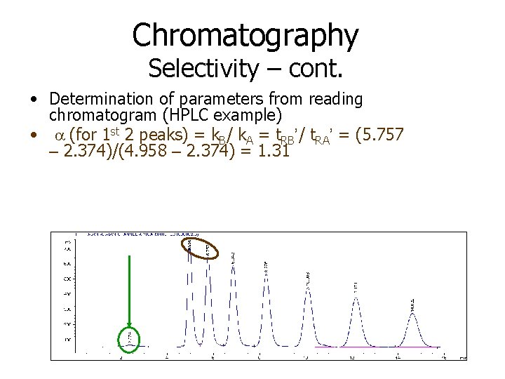 Chromatography Selectivity – cont. • Determination of parameters from reading chromatogram (HPLC example) •