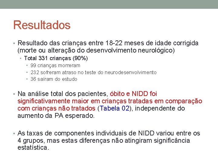 Resultados • Resultado das crianças entre 18 -22 meses de idade corrigida (morte ou