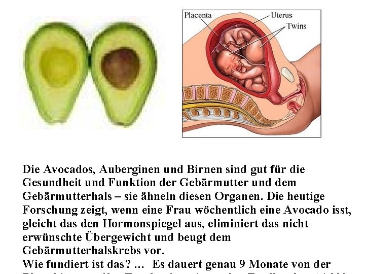 Die Avocados, Auberginen und Birnen sind gut für die Gesundheit und Funktion der Gebärmutter