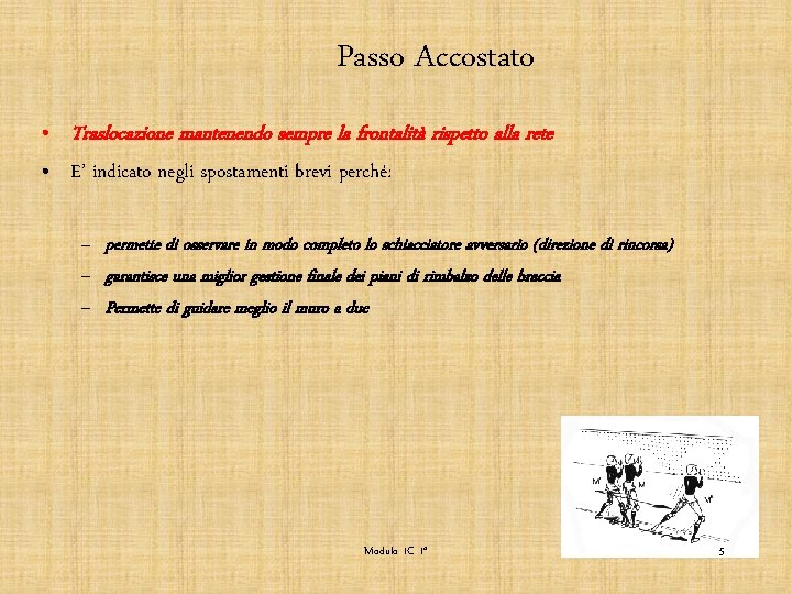 Passo Accostato • Traslocazione mantenendo sempre la frontalità rispetto alla rete • E’ indicato