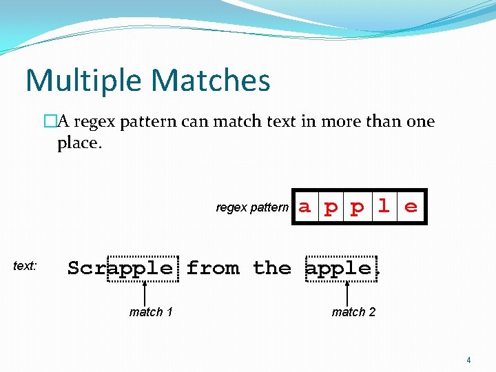 Multiple Matches �A regex pattern can match text in more than one place. regex