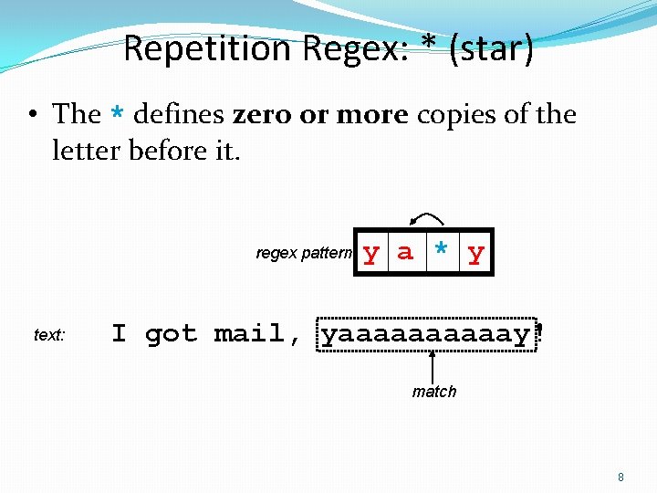 Repetition Regex: * (star) • The * defines zero or more copies of the