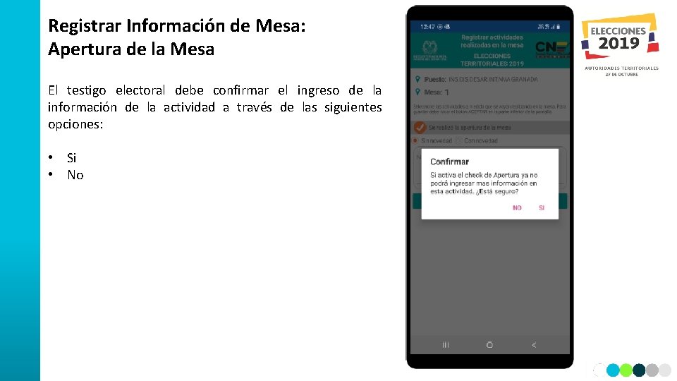 Registrar Información de Mesa: Apertura de la Mesa El testigo electoral debe confirmar el