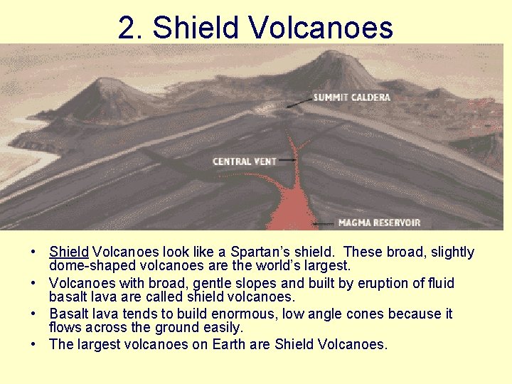 2. Shield Volcanoes • Shield Volcanoes look like a Spartan’s shield. These broad, slightly