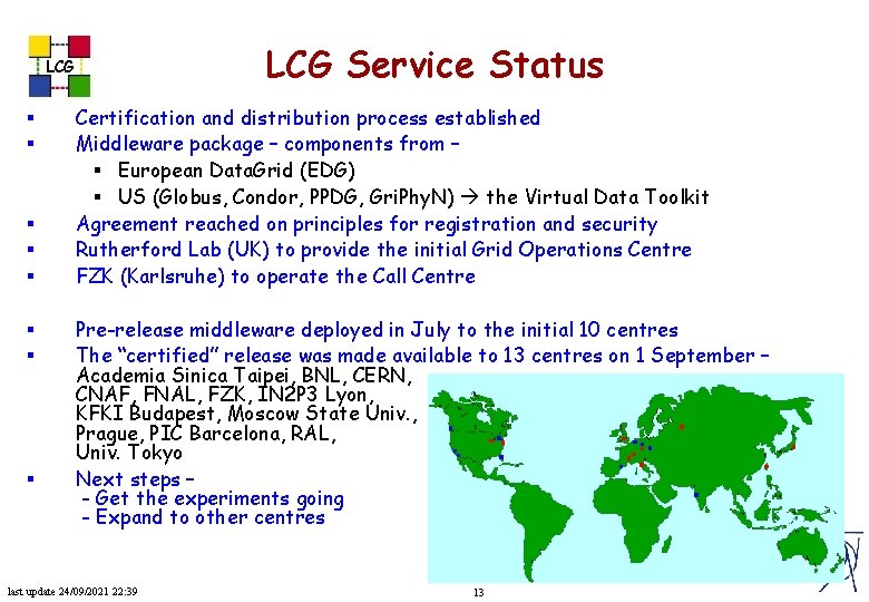 LCG Service Status LCG § § § § Certification and distribution process established Middleware