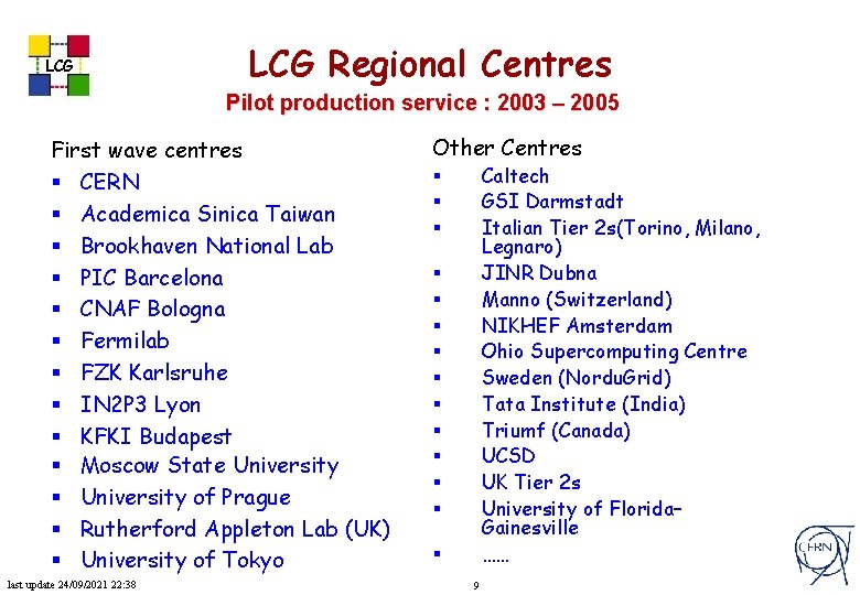 LCG Regional Centres Pilot production service : 2003 – 2005 First wave centres §