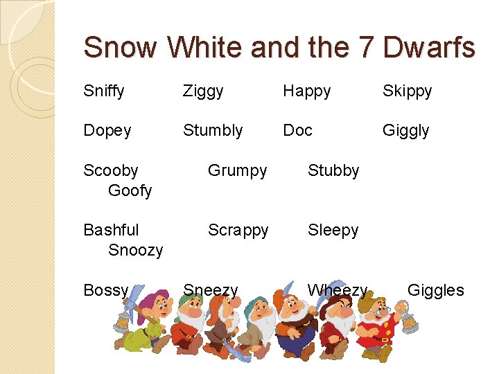 Snow White and the 7 Dwarfs Sniffy Ziggy Happy Skippy Dopey Stumbly Doc Giggly