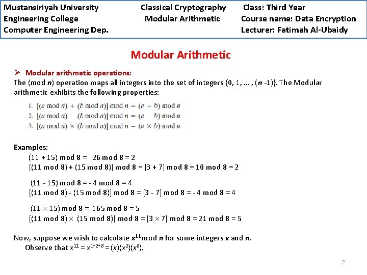 Mustansiriyah University Engineering College Computer Engineering Dep. Classical Cryptography Modular Arithmetic Class: Third Year