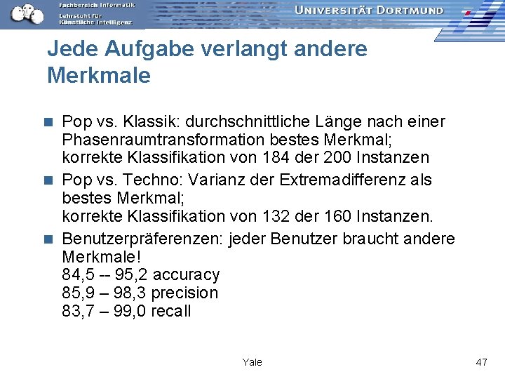 Jede Aufgabe verlangt andere Merkmale Pop vs. Klassik: durchschnittliche Länge nach einer Phasenraumtransformation bestes