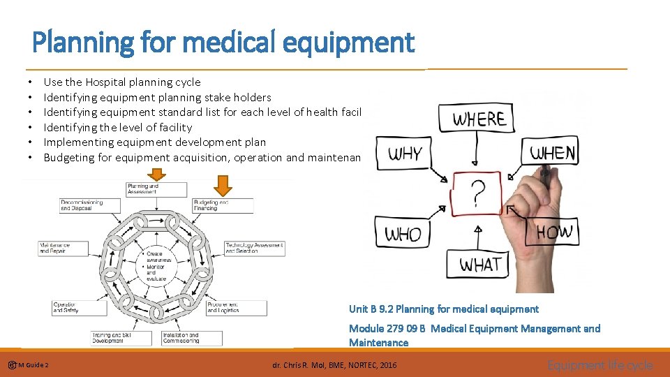 Planning for medical equipment • • • Use the Hospital planning cycle Identifying equipment