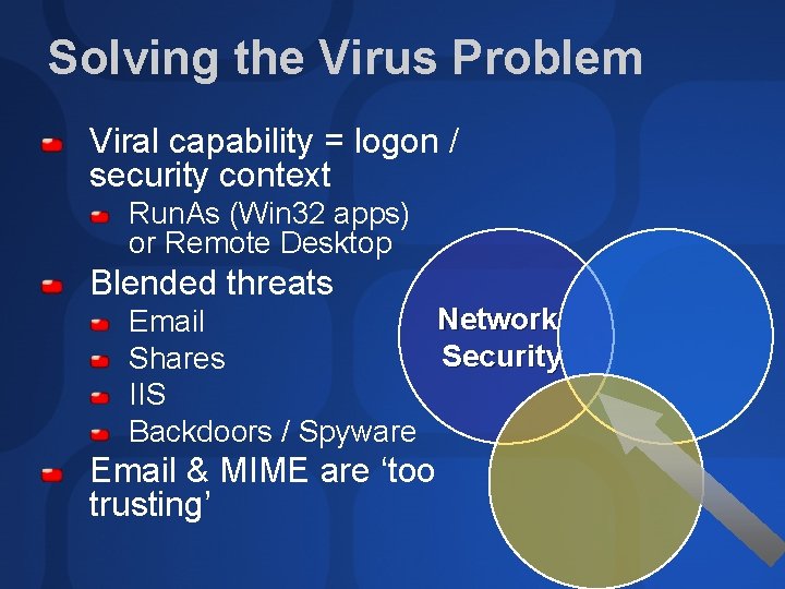 Solving the Virus Problem Viral capability = logon / security context Run. As (Win