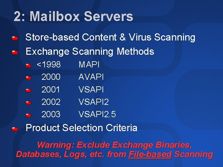 2: Mailbox Servers Store-based Content & Virus Scanning Exchange Scanning Methods <1998 2000 2001