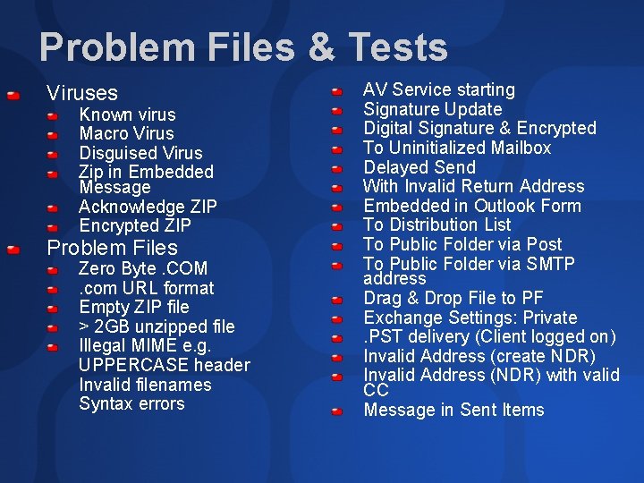 Problem Files & Tests Viruses Known virus Macro Virus Disguised Virus Zip in Embedded