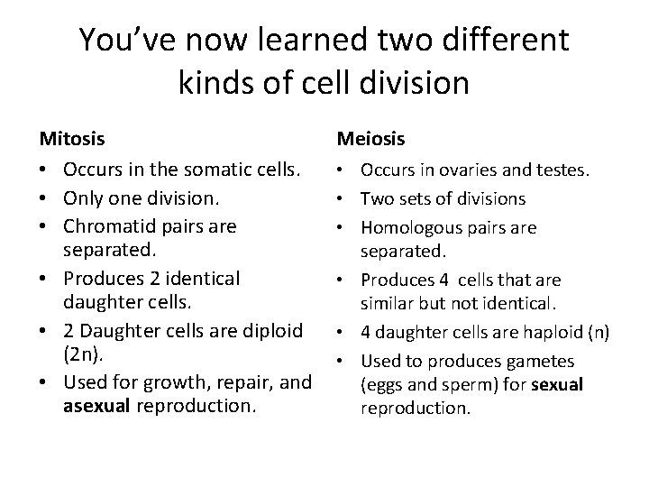 You’ve now learned two different kinds of cell division Mitosis • Occurs in the