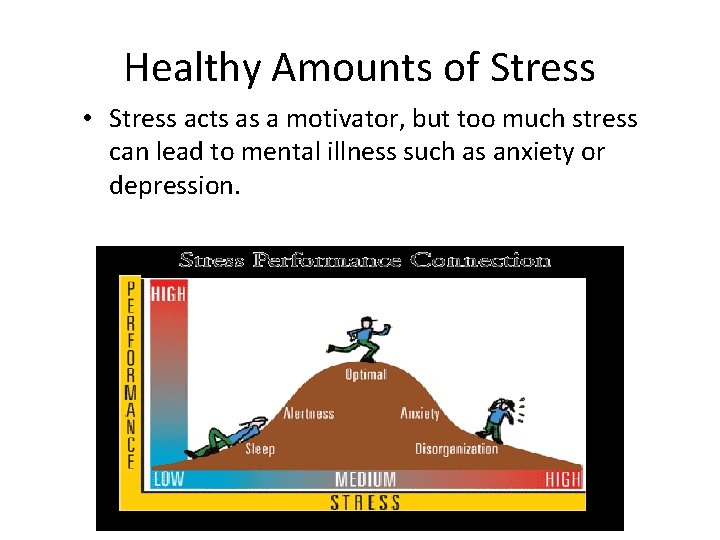 Healthy Amounts of Stress • Stress acts as a motivator, but too much stress