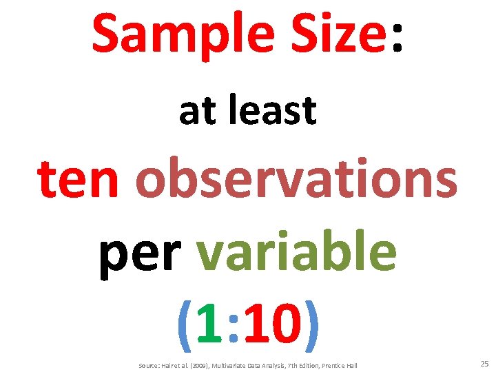 Sample Size: at least ten observations per variable (1: 10) Source: Hair et al.