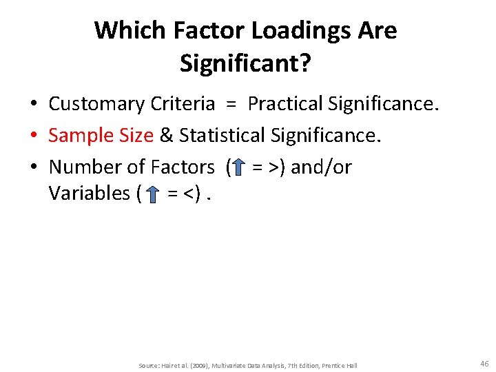 Which Factor Loadings Are Significant? • Customary Criteria = Practical Significance. • Sample Size