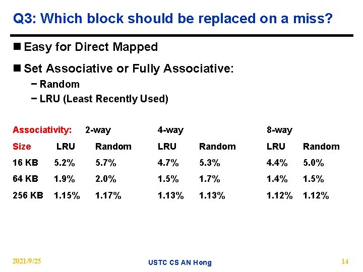 Q 3: Which block should be replaced on a miss? n Easy for Direct