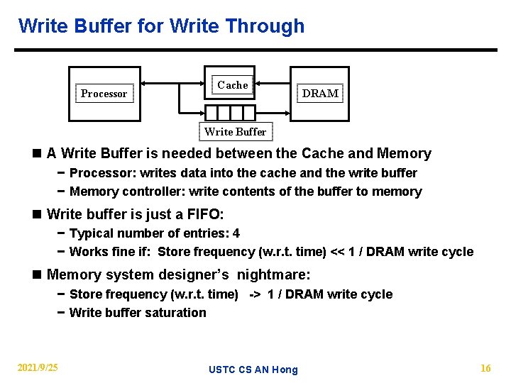 Write Buffer for Write Through Processor Cache DRAM Write Buffer n A Write Buffer