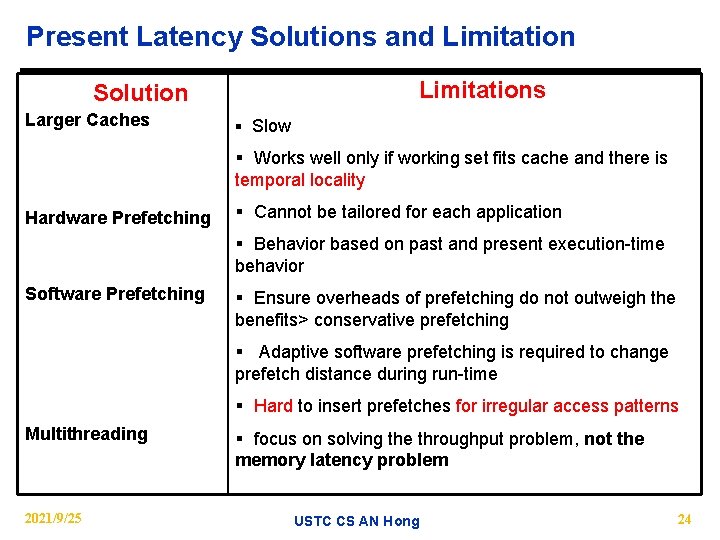 Present Latency Solutions and Limitations Solution Larger Caches § Slow § Works well only