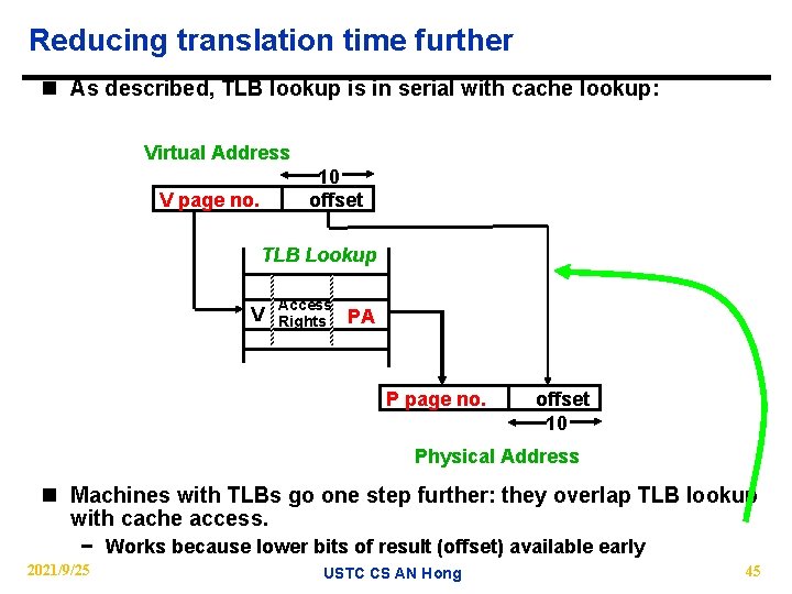 Reducing translation time further n As described, TLB lookup is in serial with cache