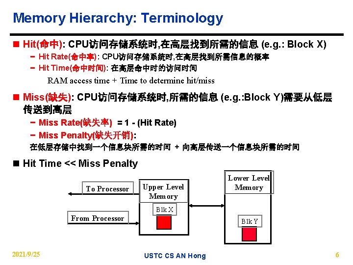 Memory Hierarchy: Terminology n Hit(命中): CPU访问存储系统时, 在高层找到所需的信息 (e. g. : Block X) − Hit