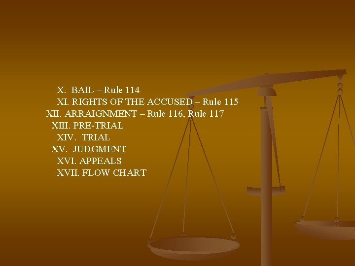 X. BAIL – Rule 114 XI. RIGHTS OF THE ACCUSED – Rule 115 XII.
