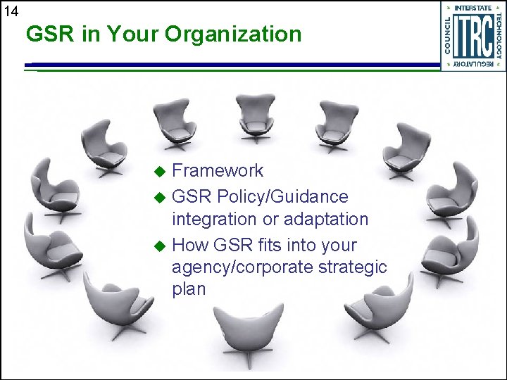 14 GSR in Your Organization Framework u GSR Policy/Guidance integration or adaptation u How