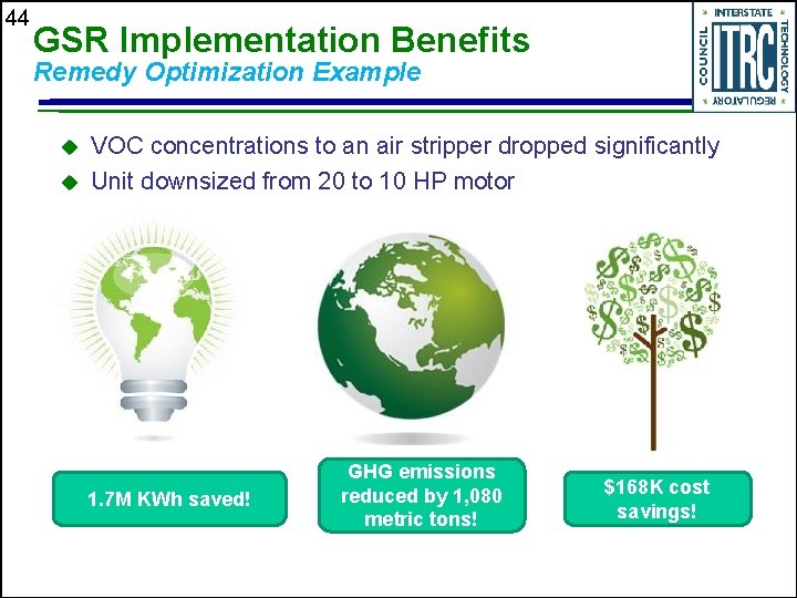 44 GSR Implementation Benefits Remedy Optimization Example u u VOC concentrations to an air