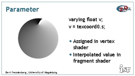 Parameter varying float v; v = texcoord 0. s; • Assigned in vertex shader