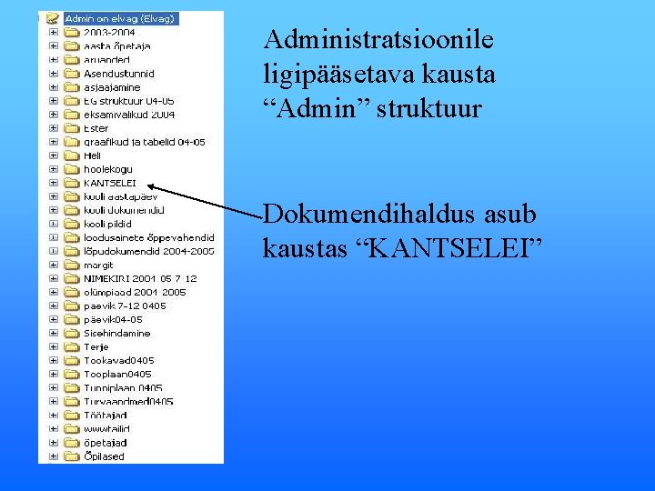 Administratsioonile ligipääsetava kausta “Admin” struktuur Dokumendihaldus asub kaustas “KANTSELEI” 