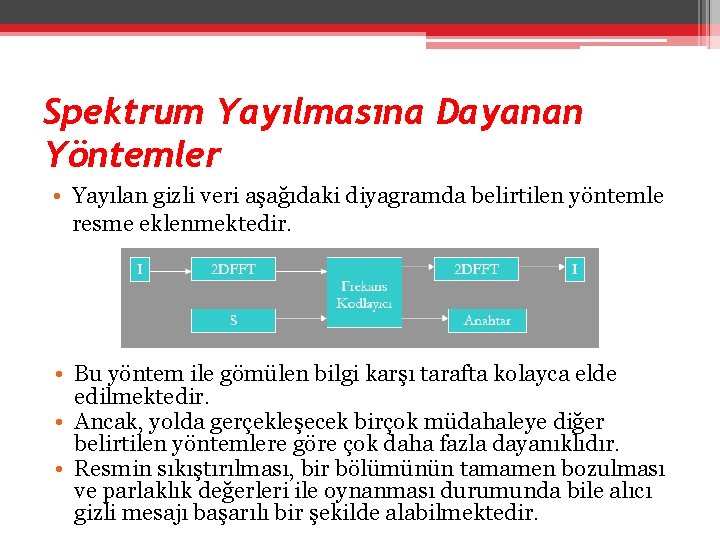 Spektrum Yayılmasına Dayanan Yöntemler • Yayılan gizli veri aşağıdaki diyagramda belirtilen yöntemle resme eklenmektedir.
