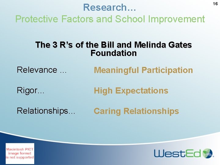 Research… Protective Factors and School Improvement The 3 R’s of the Bill and Melinda